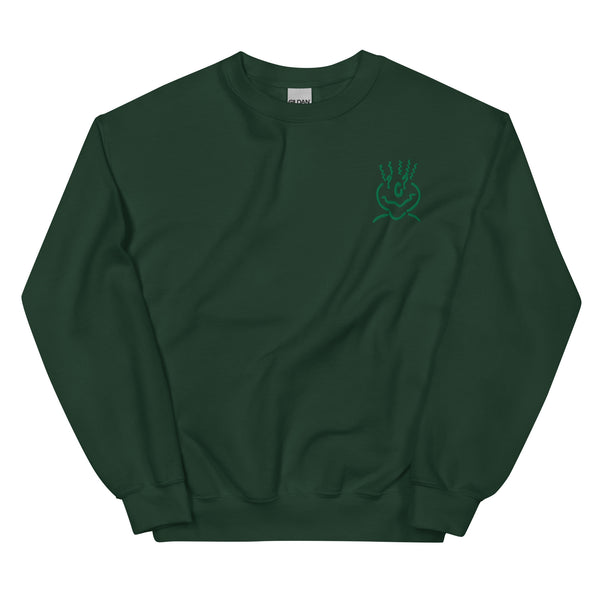 Cotton Embroided Crewneck Sweater Unisex Forest Green