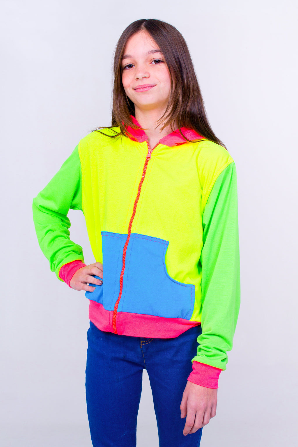 Multicolored Teen Hoodie- Neon Yellow Unicornio Azul 