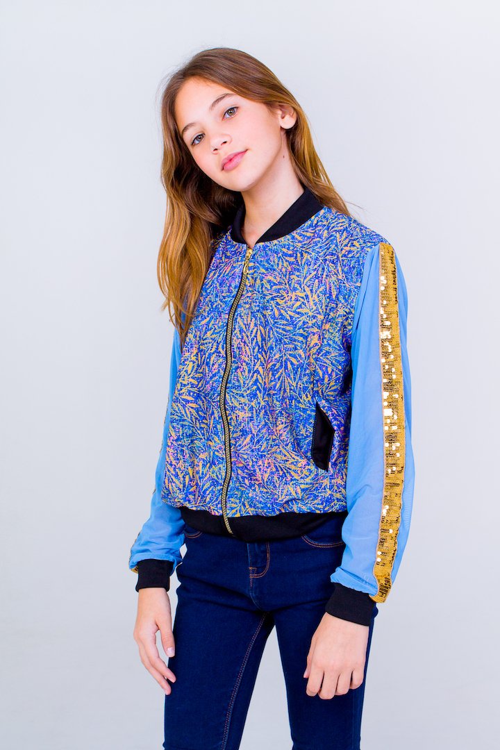 Retro Sequin Teen bomber- Blue Unicornio Azul 