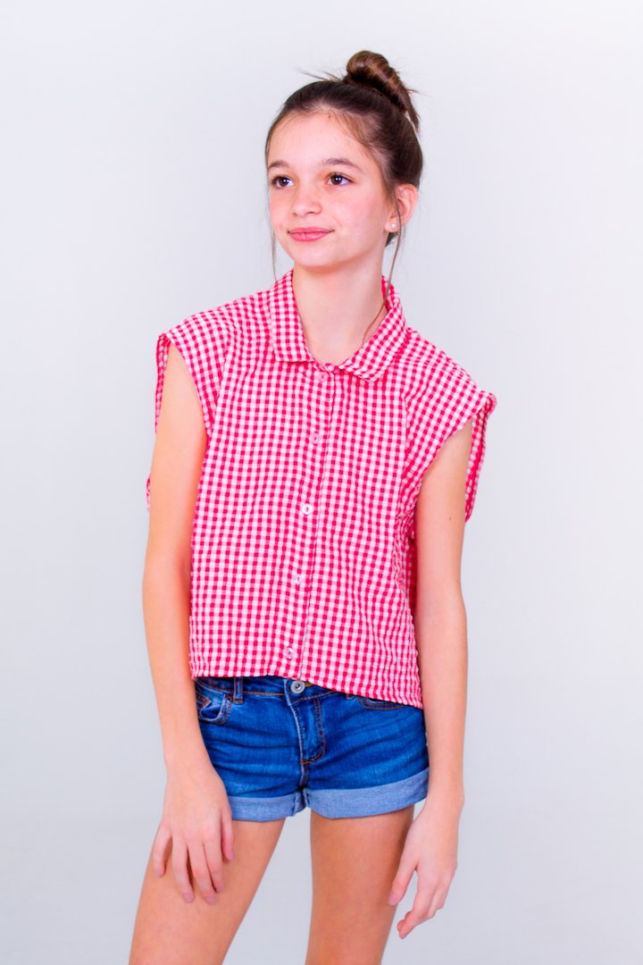 Checkered Buttoned Down Crop Top- Red/White Unicornio Azul 