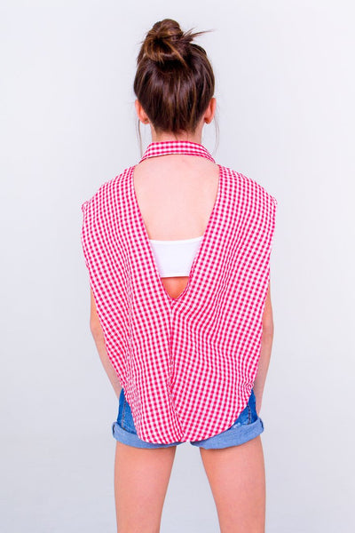 Checkered Buttoned Down Crop Top- Red/White Unicornio Azul 