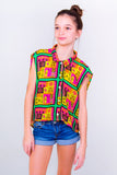 Jamaican Buttoned Down Crop Top- Multicolored Unicornio Azul 