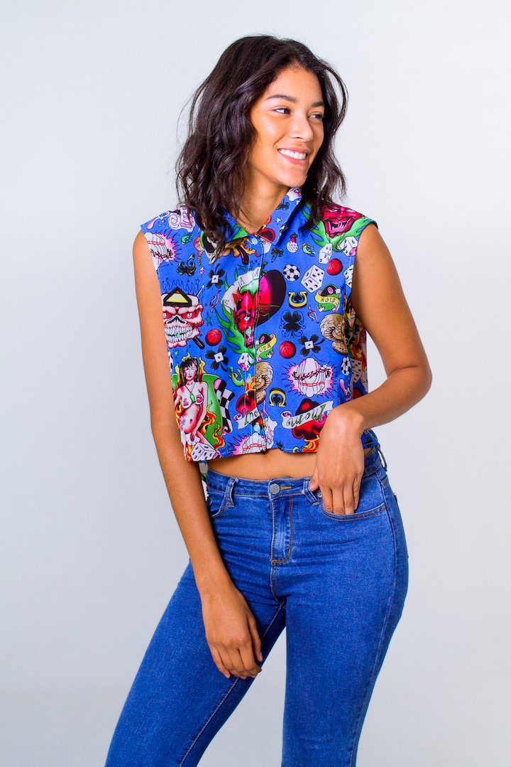 Biker Print Buttoned Down Crop Top- Blue Unicornio Azul 