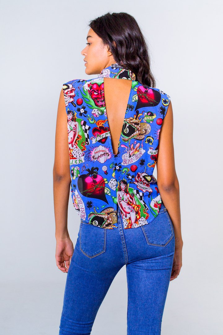 Biker Print Buttoned Down Crop Top- Blue Unicornio Azul 