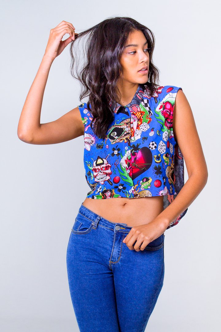 Biker Lips Buttoned Down Crop Top- Blue/Grey Unicornio Azul 
