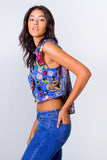 Biker Lips Buttoned Down Crop Top- Blue/Grey Unicornio Azul 