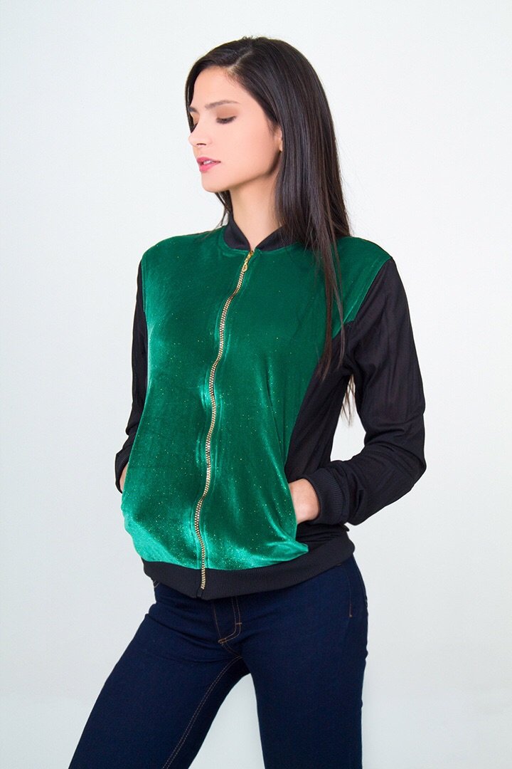 Glitter Velvet Bomber Jacket- Green/Black Unicornio Azul 