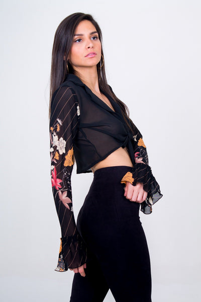 Long Sleeve Tie Crop Top Unicornio Azul 