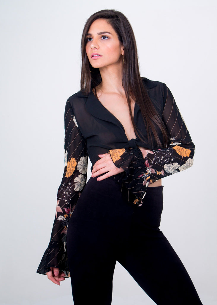 Long Sleeve Tie Crop Top Unicornio Azul 