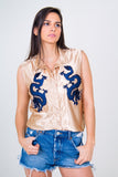 Dragon Buttoned Down Crop Top- Beige Unicornio Azul 