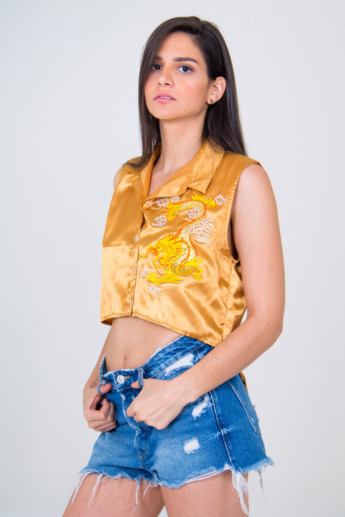Dragon Buttoned Down Crop Top- Orange Unicornio Azul 