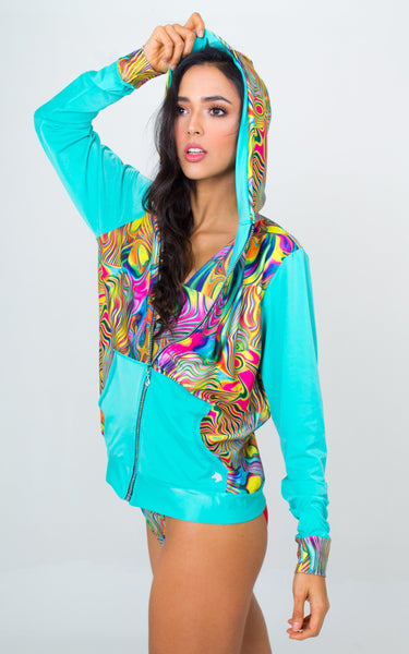 Multicolored Beach Hoodie- Psychedelic print Unicornio Azul 