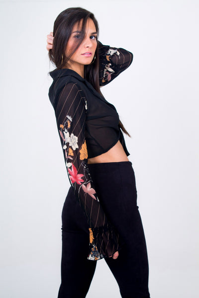 Long Sleeve Tie Crop Top Unicornio Azul 